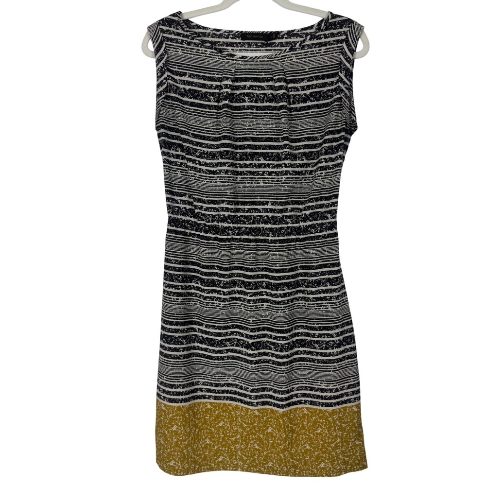 The Limited Marble Striped Cap Sleeve Dress Gathered Waist Mustard Hem Size S‎
